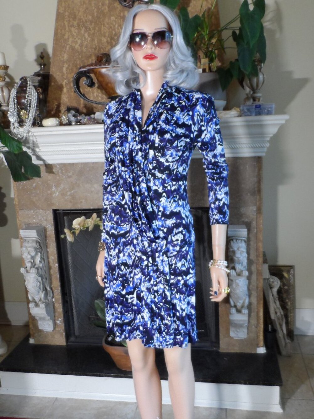 Balenciaga Paris Blue Abstract Print Front Draped Dress Size Small